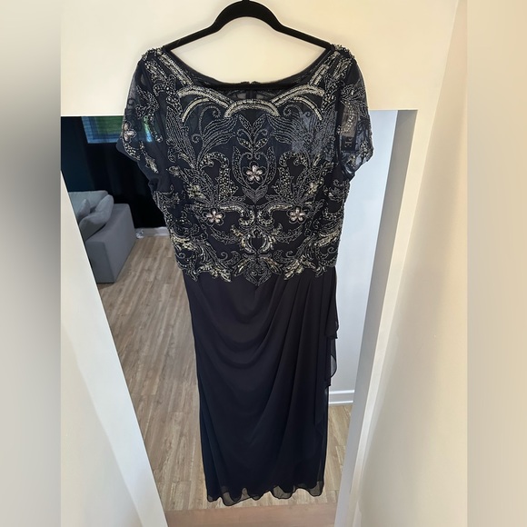 Xscape Dress Navy Blue Illusion Beaded Chiffon Ruched Gown NWT Formal - Picture 5 of 11